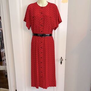 Vtg 80s Liz Claiborne Red & Black‎ Paisley Print Short Sleeve Button Front Dress